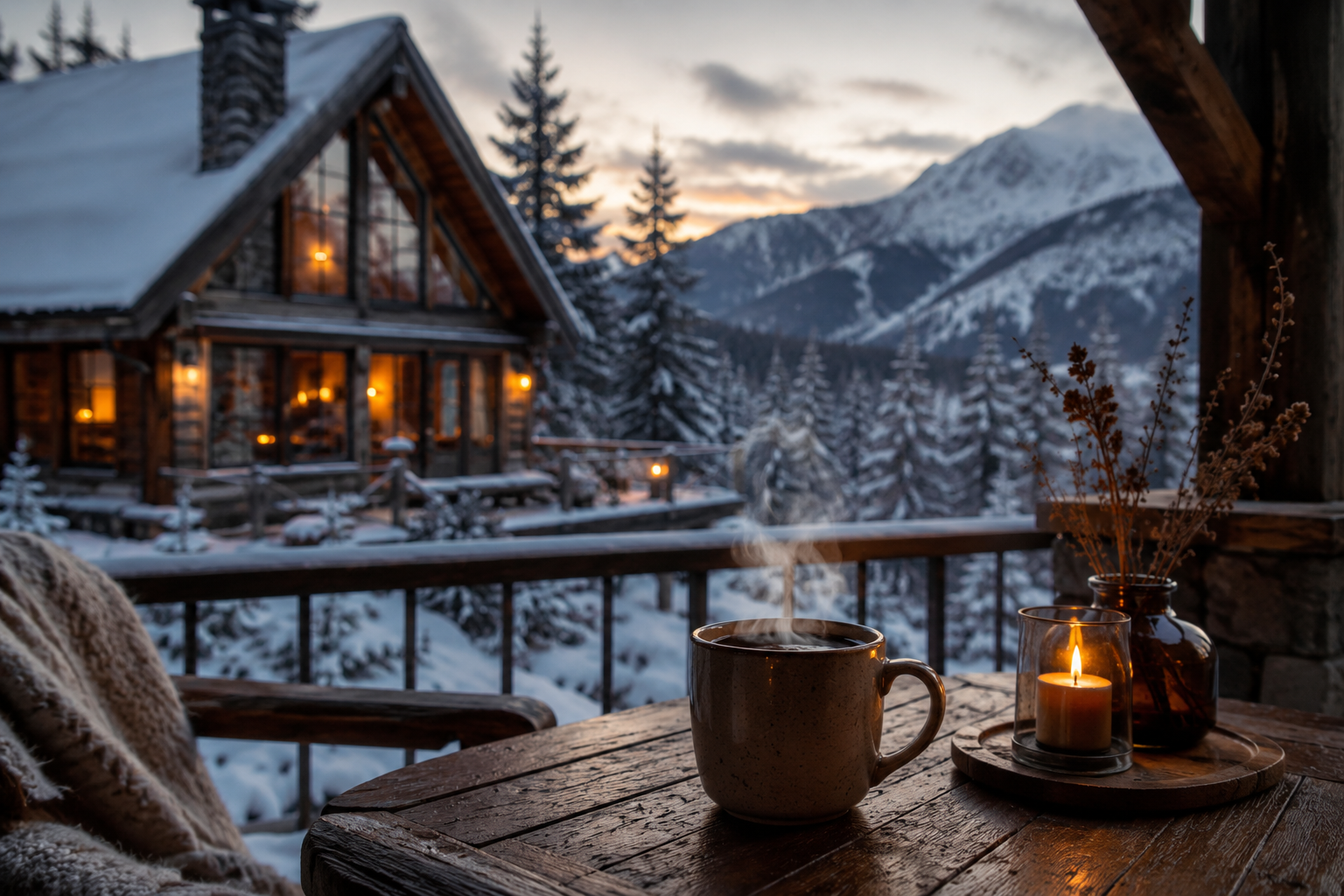 Cozy winter cabin with coffee